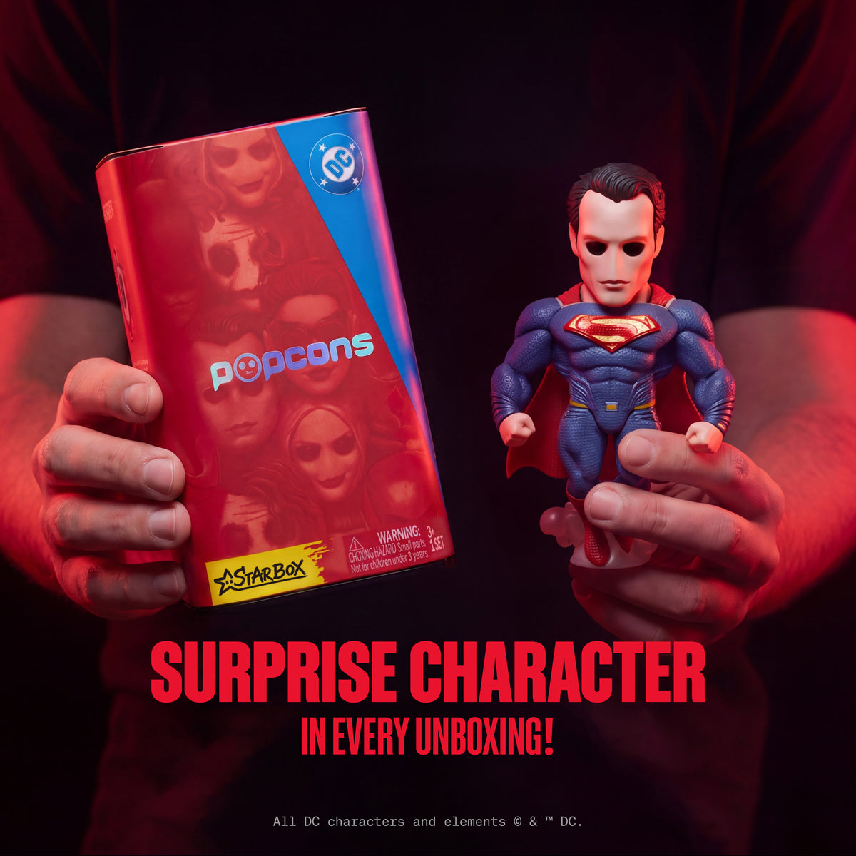 DC Heroes blind box canister with small Superman-style mini figure