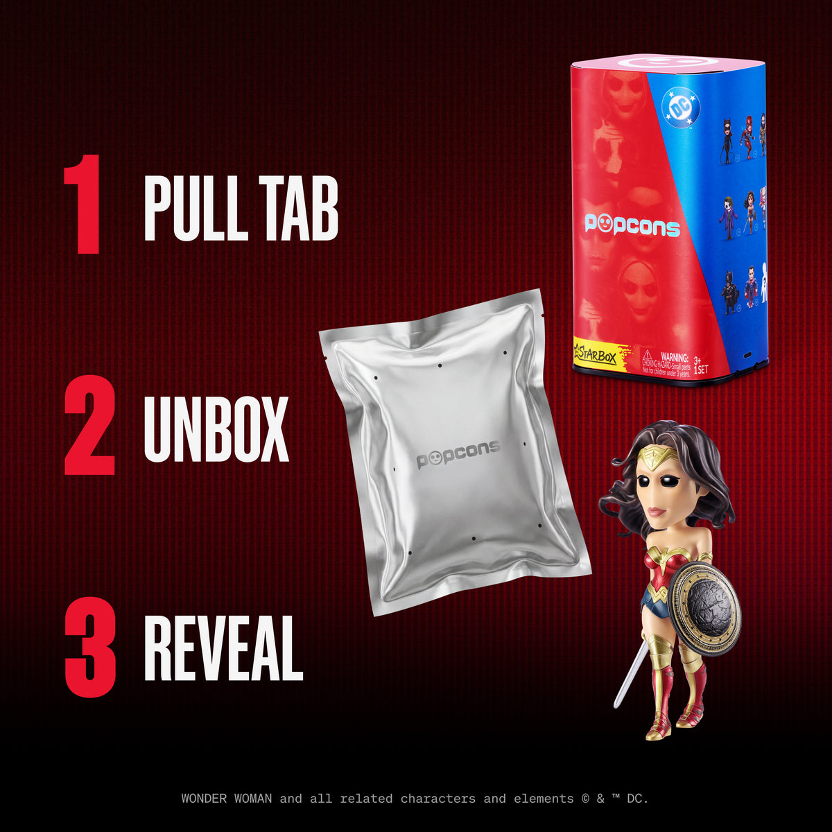 Blind box canister with sealed foil pouch and Wonder Woman mini figure