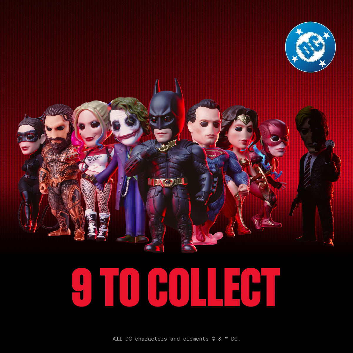 DC Heroes blind box mini figures group display, 9 collectible characters