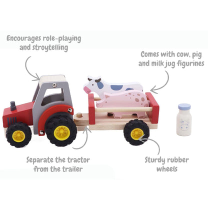 Wooden Tractor With Farm Animal Red
