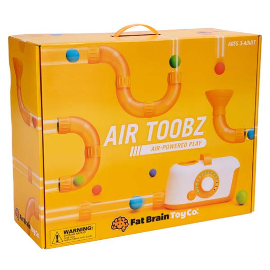 Air-powered tube play set retail box with orange tube launcher and accessories
