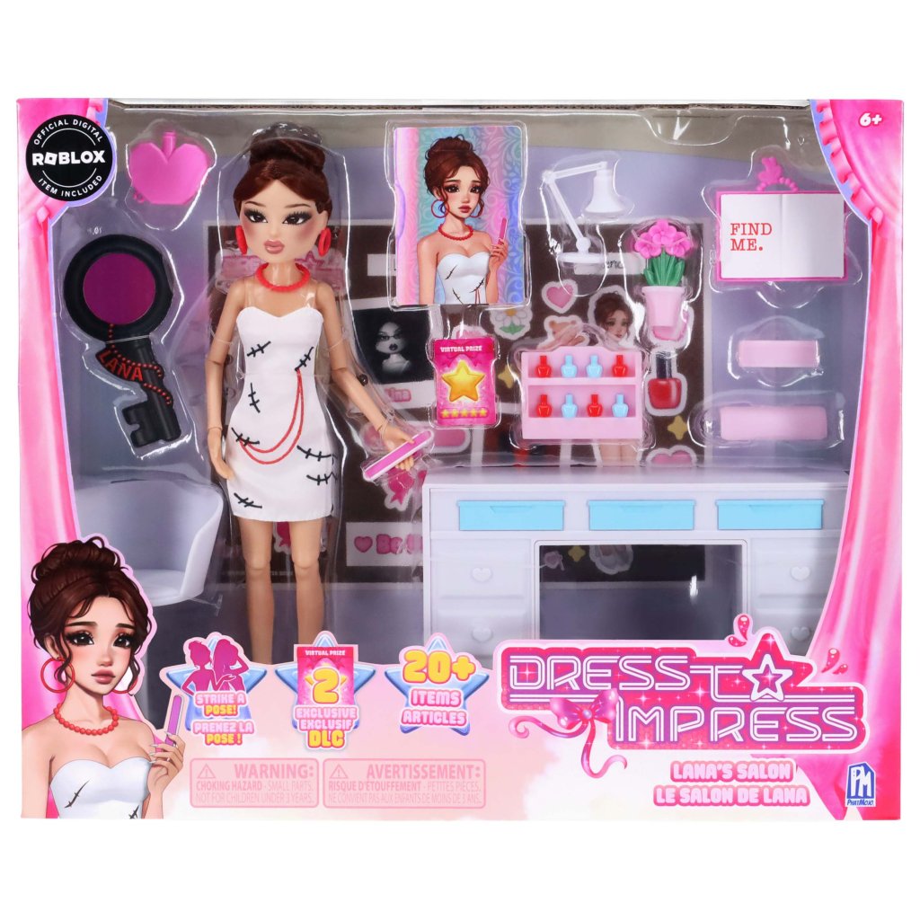 Fashion doll salon deluxe set in box with doll, tools, and accessories displayed