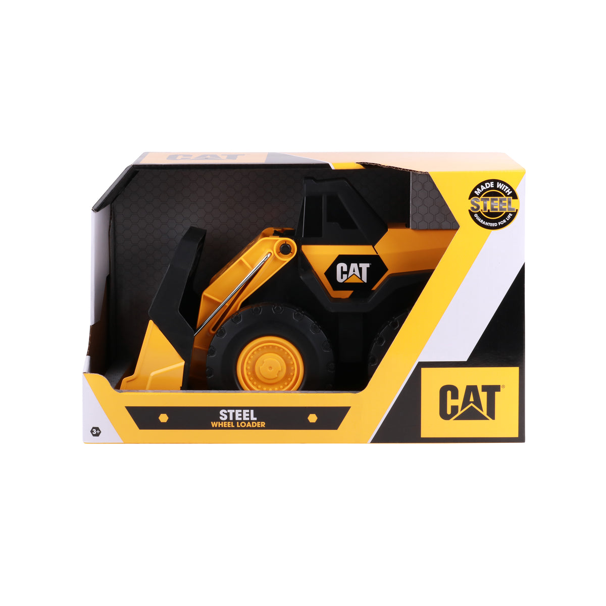 CAT steel wheel loader toy box showing yellow and black front loader