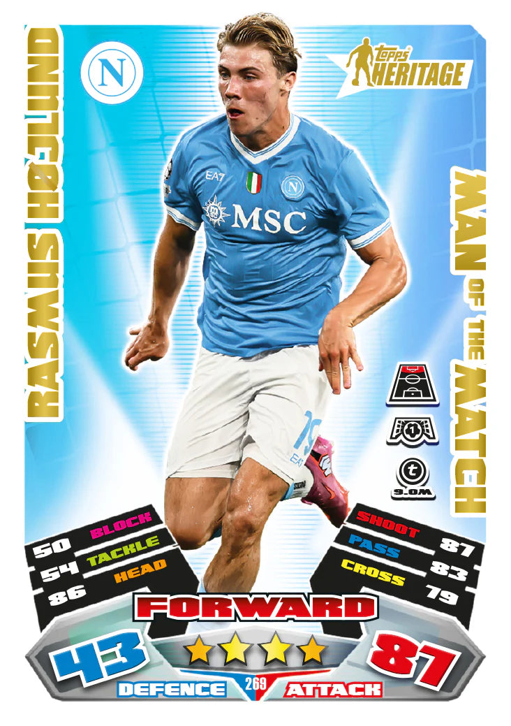 Topps Heritage Match Attax trading card showing a blue forward in action pose