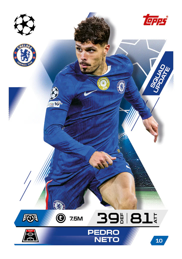 Topps Champions League trading card of Pedro Neto in blue kit, action stance