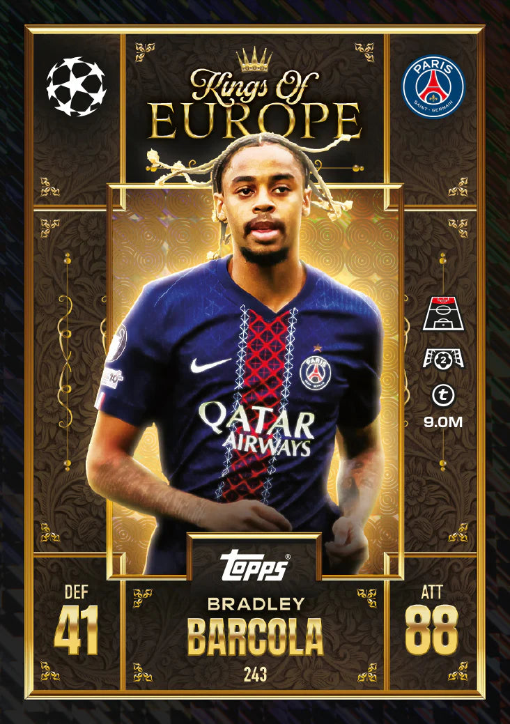 Topps Kings of Europe trading card featuring Bradley Barcola in Paris kit