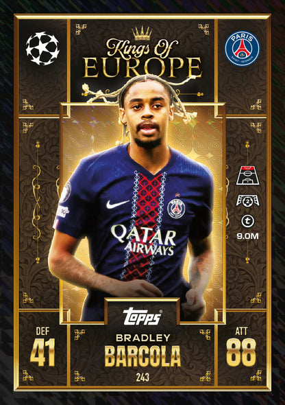 Topps Kings of Europe trading card featuring Bradley Barcola in Paris kit
