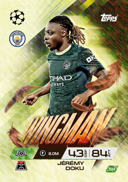 Topps UCC Match Attax trading card featuring Manchester City player Jérémy Doku in action
