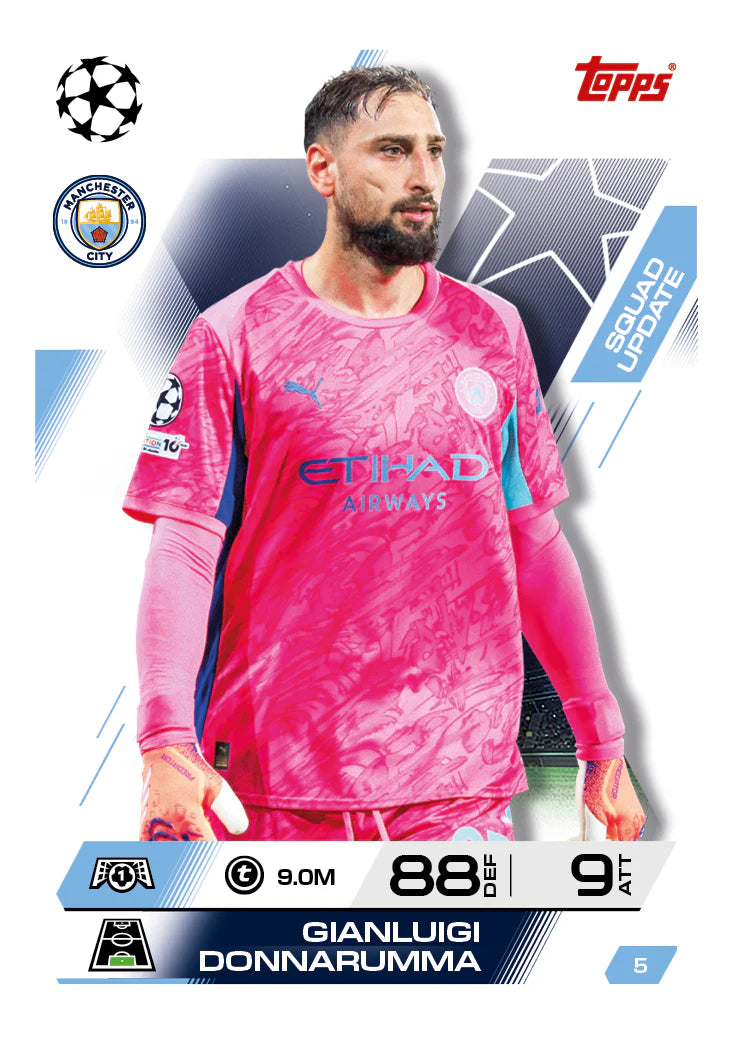 Topps Champions League trading card showing Gianluigi Donnarumma in pink goalkeeper kit