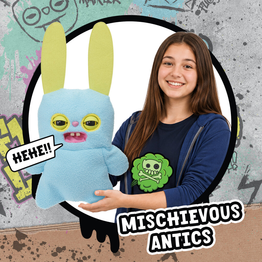 Blue Rabid Rabbit plush with yellow ears and eyes, shown held beside a person for scale