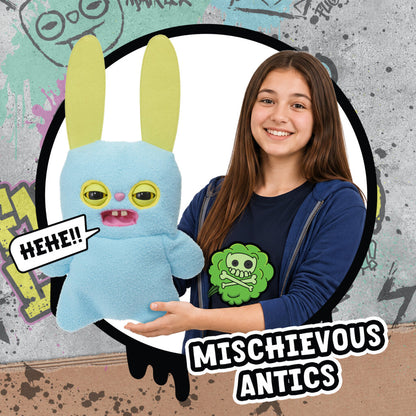 Blue Rabid Rabbit plush with yellow ears and eyes, shown held beside a person for scale