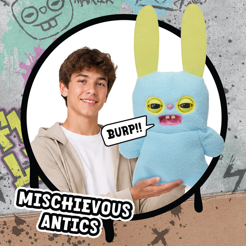 Blue Rabid Rabbit plush with long yellow ears, shown held beside a person