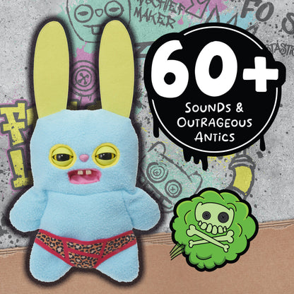 Blue Rabid Rabbit plush wearing red patterned underwear, with long yellow ears and yellow eyes