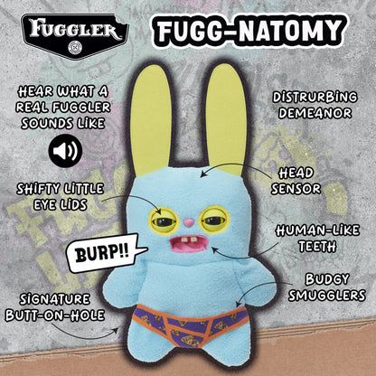 Blue Fuggler Rabbit plush with long yellow ears, patterned underwear and visible facial features