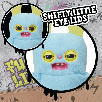Close-up of Rabid Rabbit plush face showing yellow eyes, movable eyelids and buck teeth
