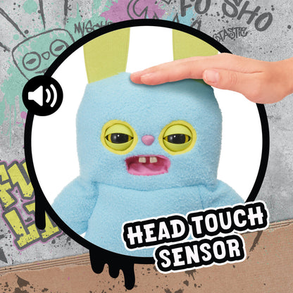 Blue Rabid Rabbit plush toy with yellow eyes, buck teeth, long ears, and a head-touch sensor
