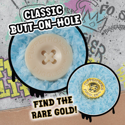 Fuggler plush close-up showing a stitched button detail, with a gold button variant inset
