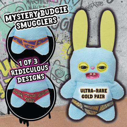 Blue Rabid Rabbit plush with yellow ears and patterned underwear, shown with alternate underwear designs