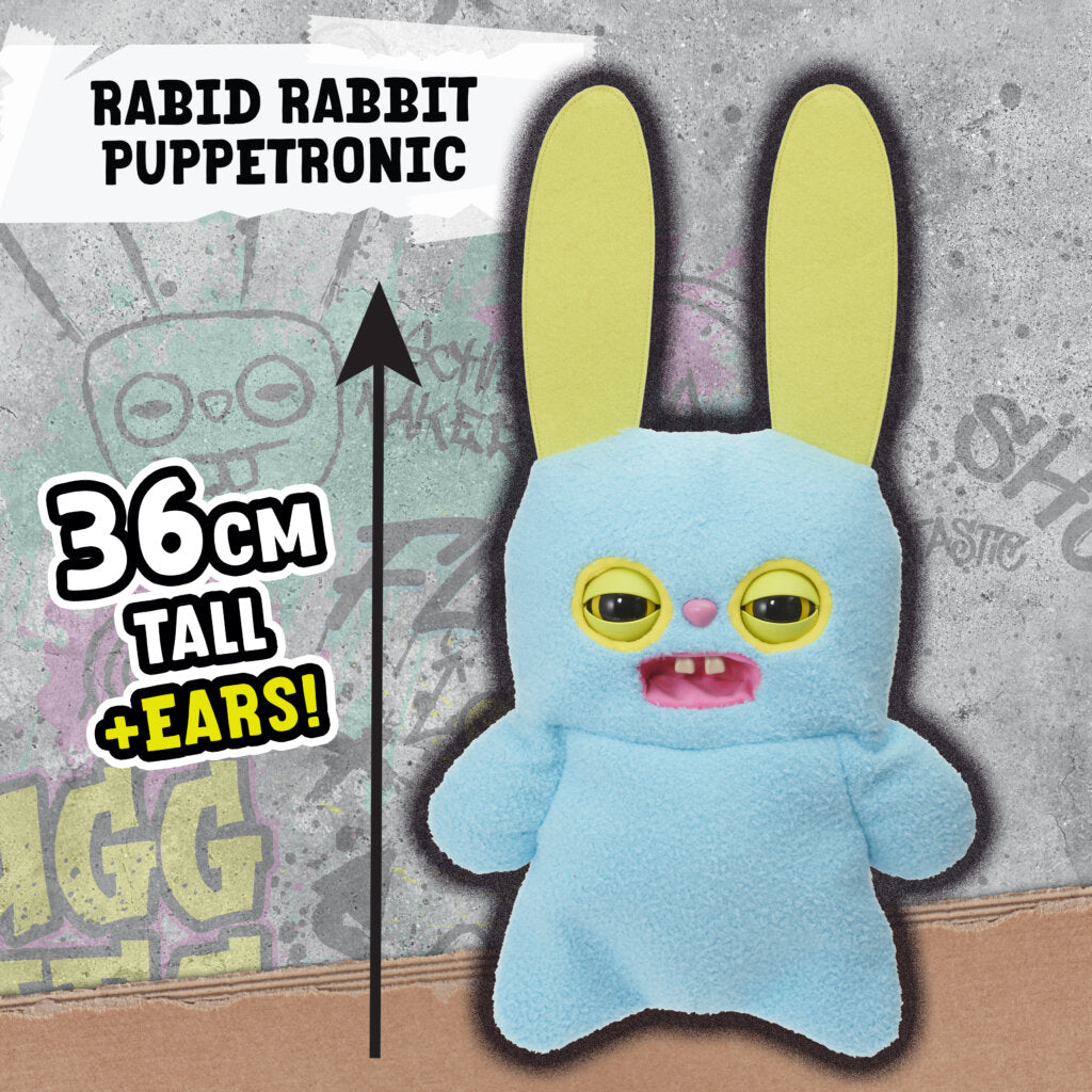 Blue Rabid Rabbit Puppetronic plush with long yellow ears, yellow eyes and pink mouth