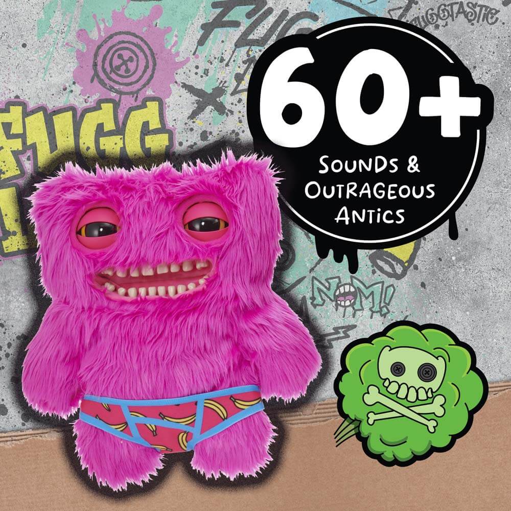 Pink furry Mr. Buttons plush wearing blue and orange patterned briefs, with half-closed eyes and teeth