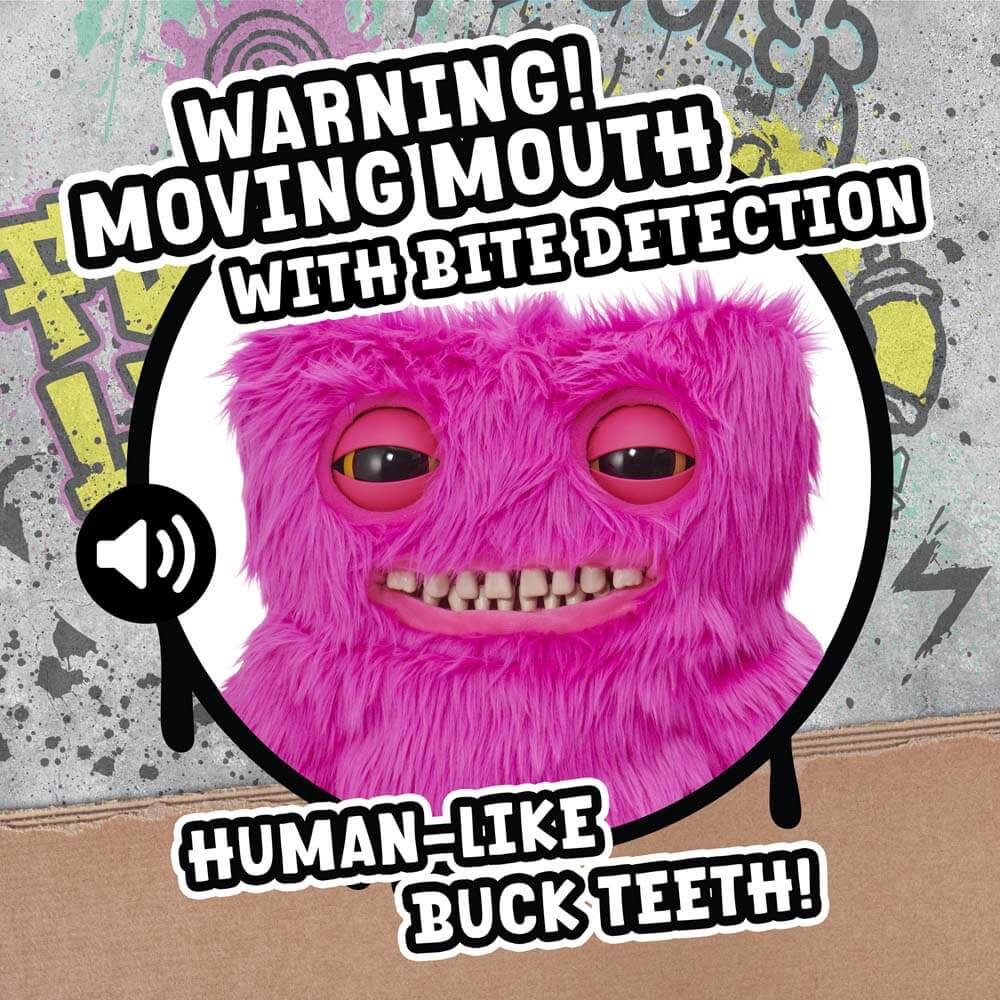 Close-up of the pink furry Mr. Buttons plush's moving mouth, teeth, and half-closed eyes