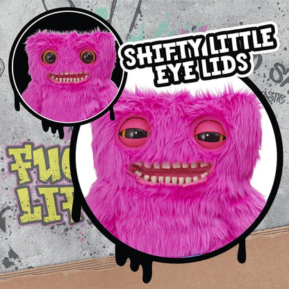 Close-up of Mr. Buttons plush's pink fur, half-closed eyelids, and rows of uneven teeth