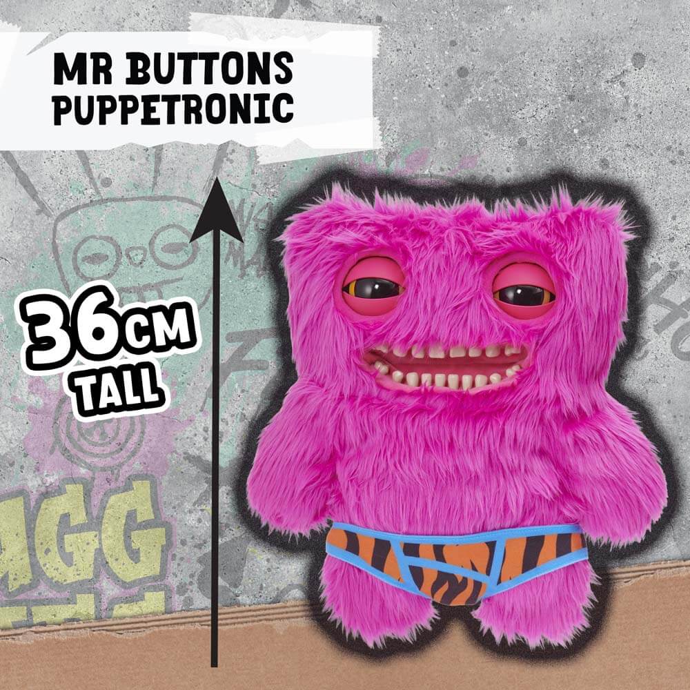 Pink furry Mr. Buttons plush wearing blue and orange patterned briefs, shown as 36 cm tall