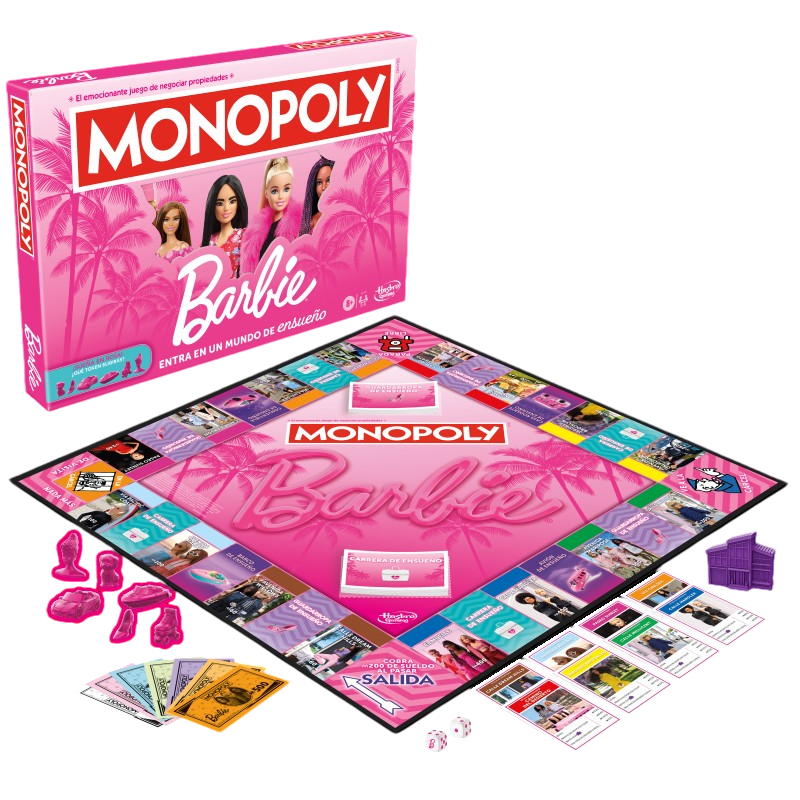 Monopoly Barbie board game box with pink palm design and Barbie logo