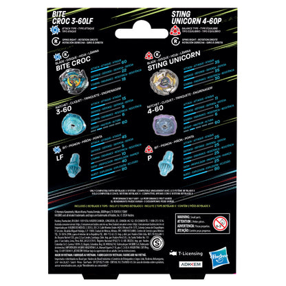 Beyblade X Bite Croc 3-60LF and Sting Unicorn 4-60P Top Dual Pack Set