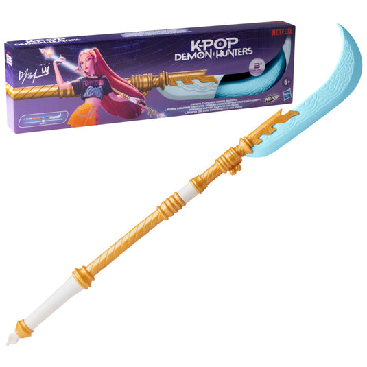 Curved moon toy sword with pale blue blade and gold handle, shown with box