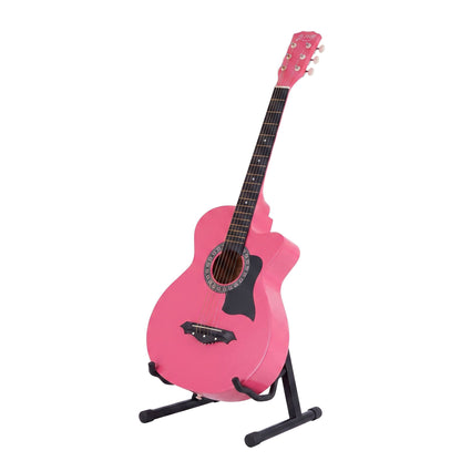 Alpha 38" Acoustic Guitar Wooden Body Steel String Full Size w/ Stand Pink