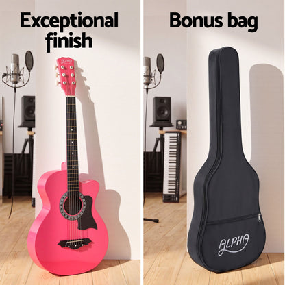Alpha 38" Acoustic Guitar Wooden Body Steel String Full Size w/ Stand Pink