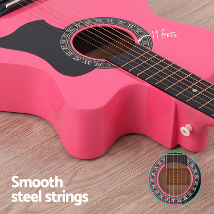 Alpha 38" Acoustic Guitar Wooden Body Steel String Full Size w/ Stand Pink