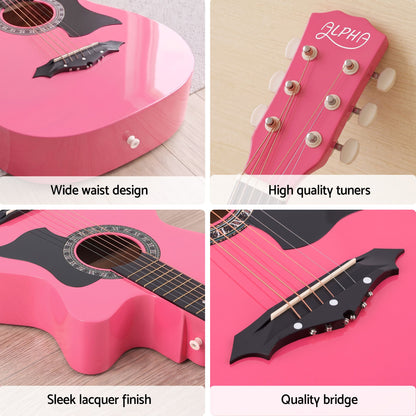 Alpha 38" Acoustic Guitar Wooden Body Steel String Full Size w/ Stand Pink