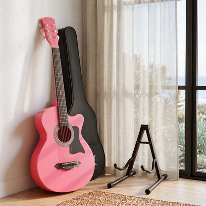 Alpha 38" Acoustic Guitar Wooden Body Steel String Full Size w/ Stand Pink