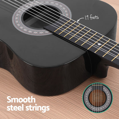 Alpha 38" Classical Acoustic Guitar with Folding Stand Capo and String Set Black