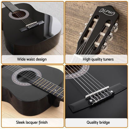 Alpha 38" Classical Acoustic Guitar with Folding Stand Capo and String Set Black
