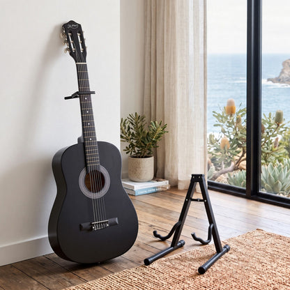 Alpha 38" Classical Acoustic Guitar with Folding Stand Capo and String Set Black