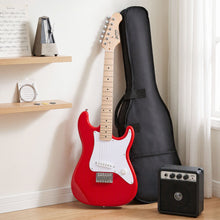 Red junior electric guitar with white pickguard, black gig bag, and mini amplifier