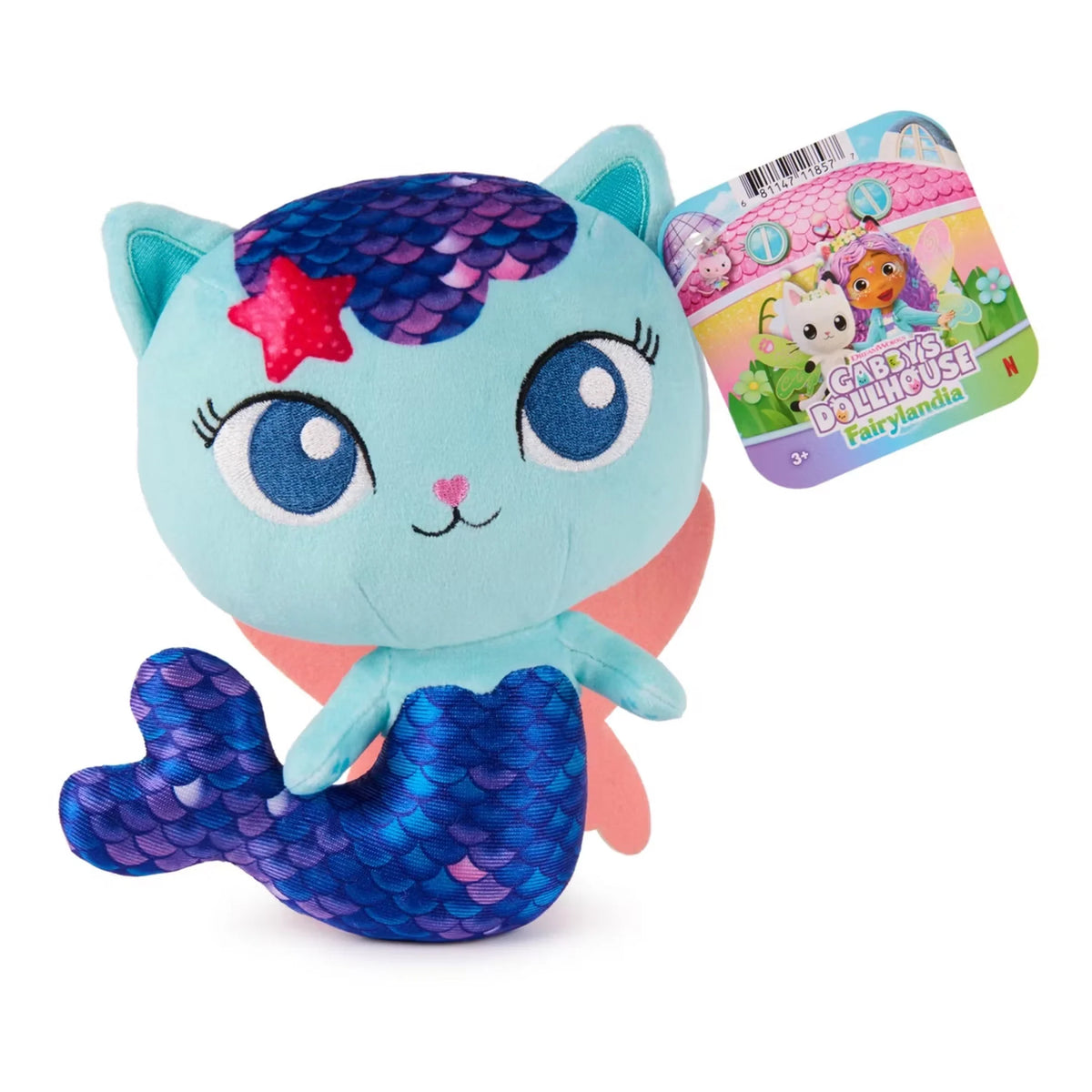 A cute mermaid cat plush toy with a light blue body, purple mermaid tail with pink and blue scale details, and a pink star on its forehead. 