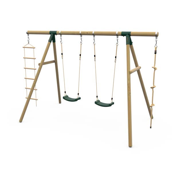 Plum Gibbon Wooden Swing Set Two Single Swing seat, Climbing Rope & Ladder for Kids