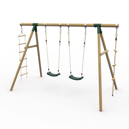 Plum Gibbon Wooden Swing Set Two Single Swing seat, Climbing Rope & Ladder for Kids