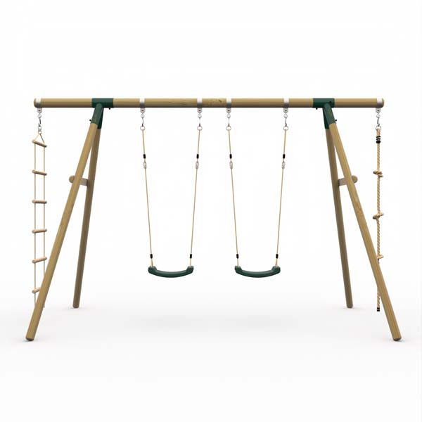 Plum Gibbon Wooden Swing Set Two Single Swing seat, Climbing Rope & Ladder for Kids