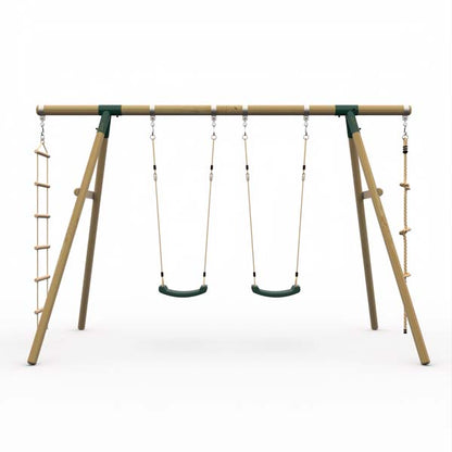 Plum Gibbon Wooden Swing Set Two Single Swing seat, Climbing Rope & Ladder for Kids