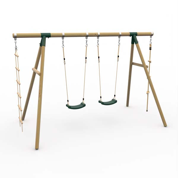 Plum Gibbon Wooden Swing Set Two Single Swing seat, Climbing Rope & Ladder for Kids