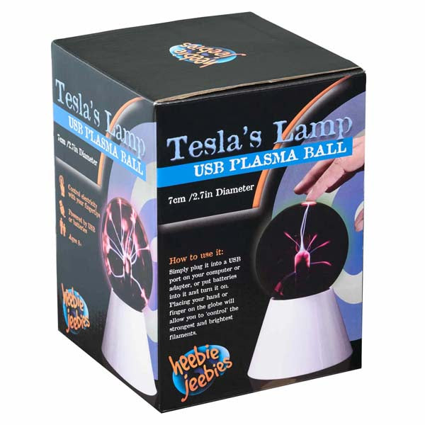 Tesla USB plasma lamp novelty box, black and silver, Heebie Jeebies logo