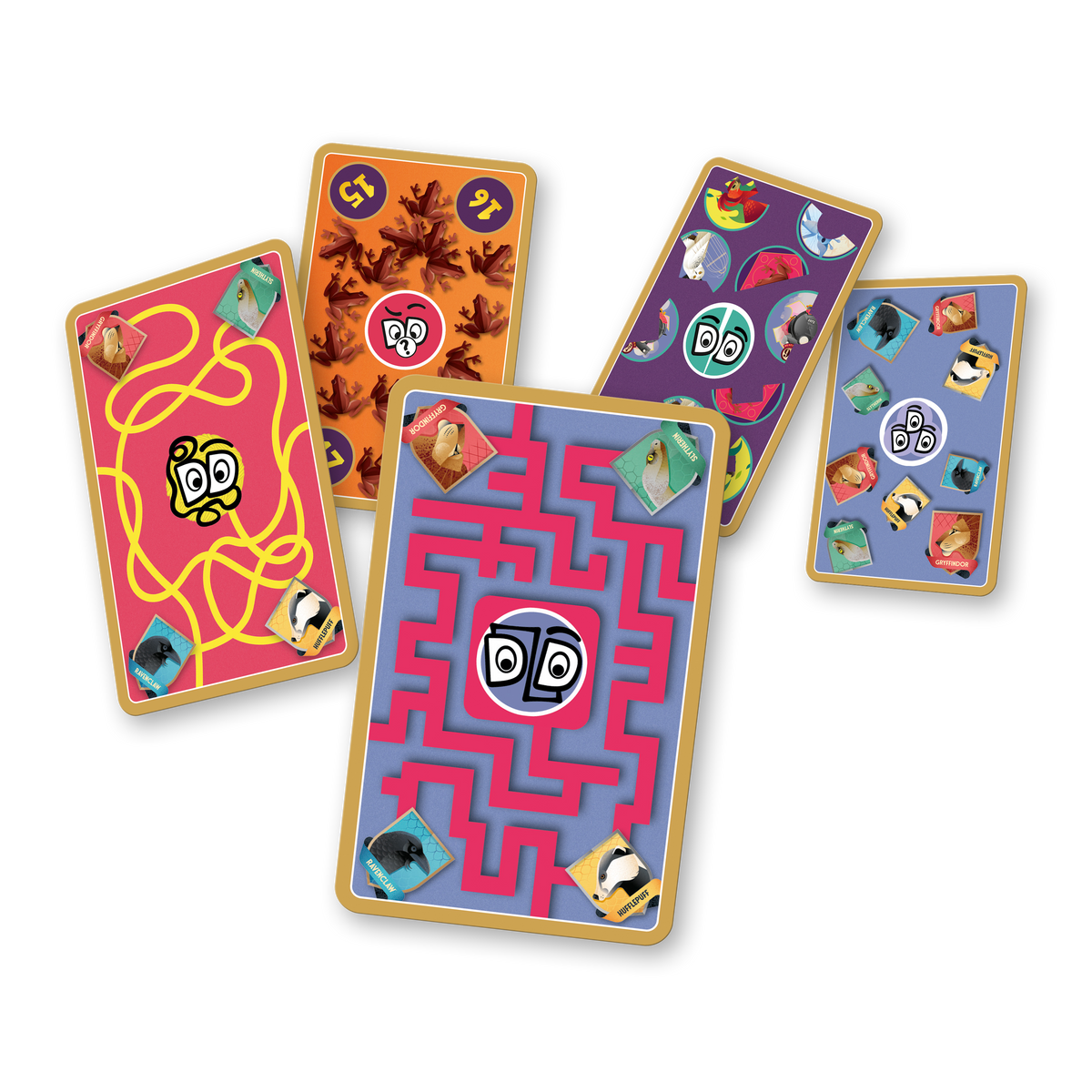 Game cards with wizard themed artwork and colorful borders, four decks shown