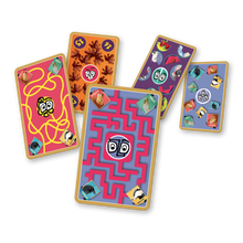 Game cards with wizard themed artwork and colorful borders, four decks shown