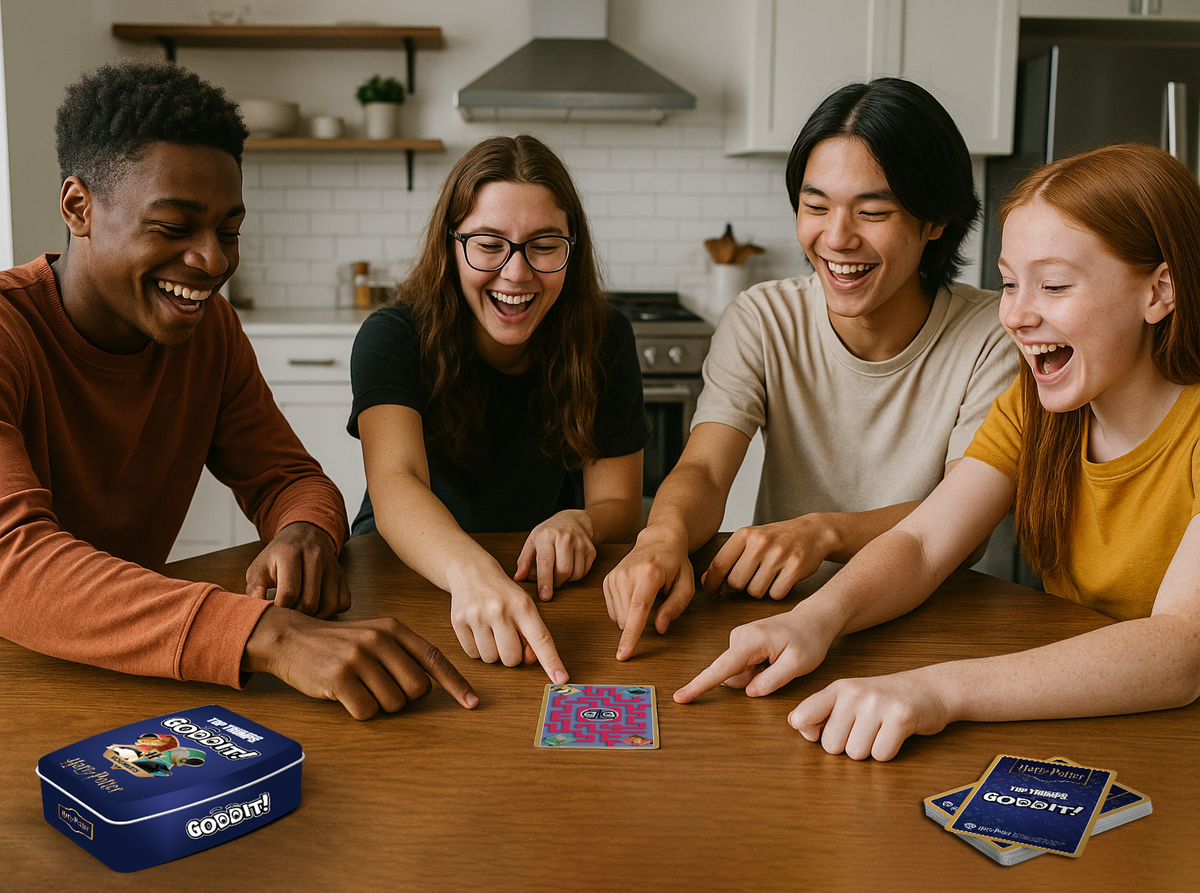 Wizard card game cards on table with blue GODDIT! game box