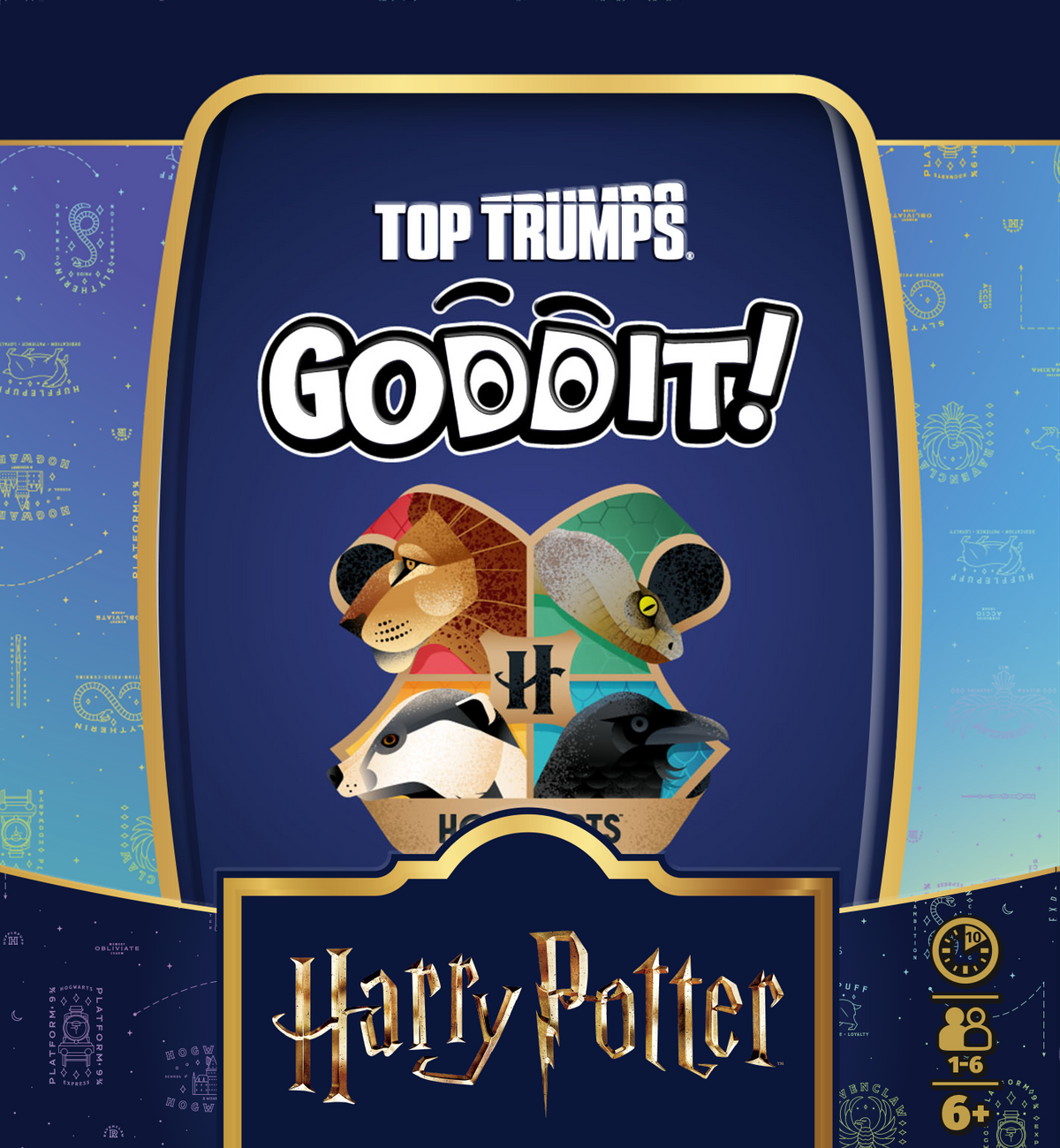 GODDIT! Top Trumps Harry Potter box front with Hogwarts crest artwork